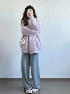 紫色V领开衫慵懒风毛衣300斤特大码女装秋冬加厚200斤奶fufu外套