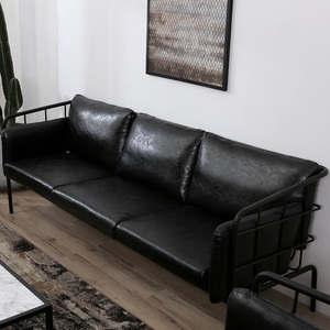 简欧皮艺沙发小户型三人客厅北欧铁艺黑色整装皮沙发双人现代简约