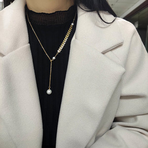 韩国18K金色麦穗珍珠项链女短款网红小众设计简约冷淡风Y字锁骨链