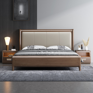 8米现代简约胡桃木色双人床主卧储物软包床