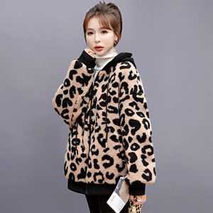 豹纹颗粒绒棉服女短款冬季2024年新款韩版休闲加厚棉衣保暖外套潮