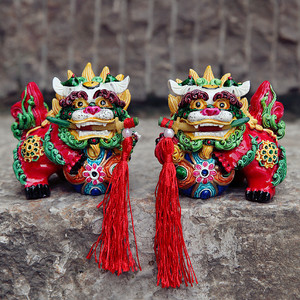 中秋节中国风复古国潮醒狮摆件彩绘石狮子工艺品客厅过年冷瓷装饰