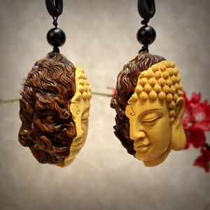 黄杨木实木雕刻一念之间仿古善恶佛魔随身盘玩文玩手把件吊坠车挂