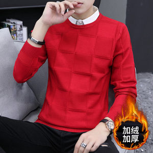 男士带领毛衣青年韩版修身衬衫领红色针织衫学生修身假两件本命年