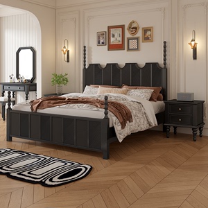 美式实木床主卧大床中古风双人床轻法式复古雕花婚床罗马柱艾米床