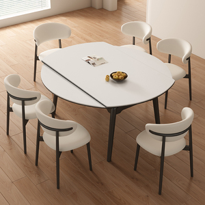 法式奶油风伸缩折叠可变圆桌家用黑色实木岩板餐桌方圆两用吃饭桌