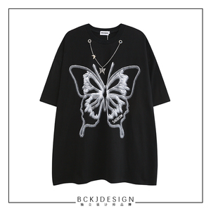 bckj原创设计师品牌ins潮流蝴蝶印花情侣短柚t桖男女潮牌嘻哈宽松