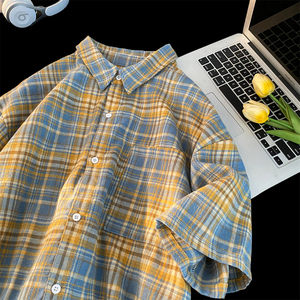 vintage黄蓝格子衬衫男短袖美式复古高街高级感工装衬衣外套夏季