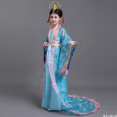 高端女童服汉女童j拖地长裙仙一儿童唐装六女表演服古代公主古奢