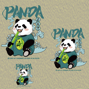 国风大熊猫竹子字母图案热转印衣服印花辅料贴无边白墨胶印烫画贴