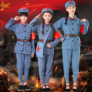 短袖儿童小孩红军演出服棉麻红卫兵服65式军装闪闪红星小红军衣服