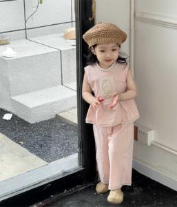 kimmykids韩国女童2023刺绣夏季蕾丝夏季粉色甜美无袖套装