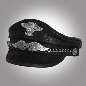 ak海军将军帽 船长帽真皮平顶帽子 男羊皮牛皮潮春秋哈雷德国军帽