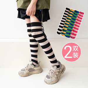 女童初春秋季薄款针织棉长高中筒袜子儿童条纹运动过膝大腿堆堆袜