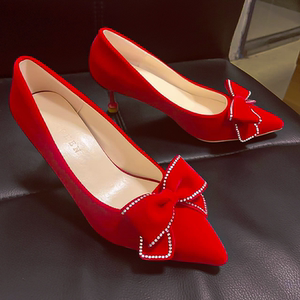 婚鞋新娘鞋2021年冬季新款细跟酒红色秀禾服结婚高跟鞋女两穿礼服