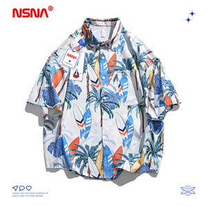 NASA CONP夏威夷风原宿情侣短袖衬衫男夏季薄款沙滩花衬衣上衣服