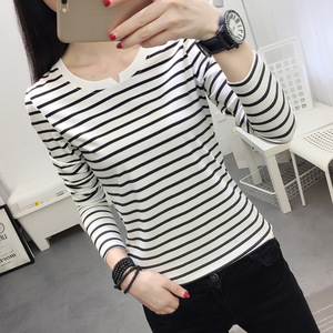 纯棉黑白条纹t恤女士长袖打底衫早春秋衣外穿内搭2021年新款上衣