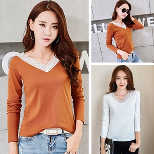 京东商城官网蘑菇街打底衫上衣秋装套头双v领蕾丝花边长袖t恤女装