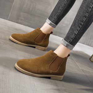 磨砂皮切尔西短靴女圆头平底春秋单靴英伦风翻毛皮短筒靴子裸靴女