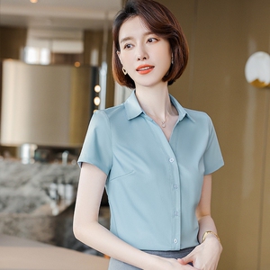 职业白色衬衫女v领大码正装衬衣女士短袖夏季工装套装工作服上衣