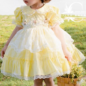 夏款女童淡黄色VTG古着短袖洛丽塔连衣裙西班牙公主裙生日礼服裙