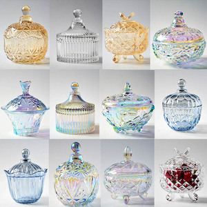 彩色带盖玻璃糖果罐欧式储物罐摆件创意装饰收纳盒透明玻璃调味罐