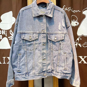 麦寻女装2022春季新款onza1007韩版小熊刺绣破洞设计感牛仔外套