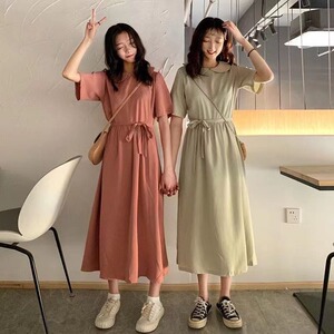 闺蜜装超仙森系学生连衣裙女夏季学院风系带收腰裙小个子过膝长裙