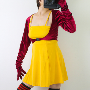 金丝绒防晒衣连衣长袖手套连体短上衣坎肩外套酒红色防紫外线礼服