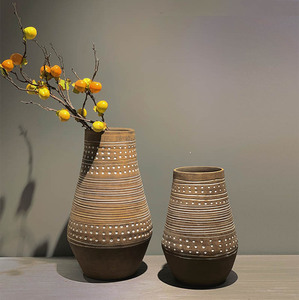 东南亚风格泥巴色土陶罐波点陶瓷花瓶美式乡村异域风居家休闲摆件