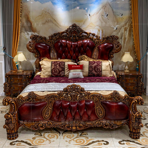 欧式真皮床实木雕花1.8米床美式双人大床结婚床豪华别墅高背床2米