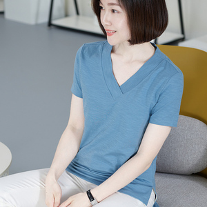 女装大码宽松竹节棉半袖体恤夏装女士上衣显瘦纯棉v领短袖t恤女
