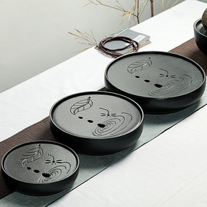 陶瓷茶盘日式家用全陶瓷圆形简约干泡功夫茶具茶道迷你小茶台托盘