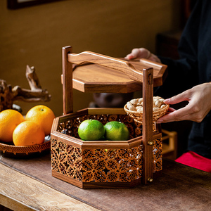提篮食盒多层古风核桃黑胡桃木质中式点心盒装茶具收纳盒防尘户外