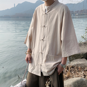 新中式亚麻短袖衬衫男夏季国风盘扣上衣五分半袖棉麻衬衣唐装外套