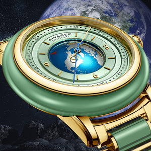 艾华仕蓝色星球机械表翡翠玉石男女士全自动奢华镂空防水地球腕表