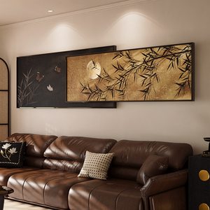 中古风墨竹客厅装饰画法式复古沙发背景墙挂画中式高级感叠加壁画