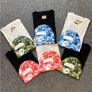 潮牌bape经典双面迷彩猿人头印花短袖t恤男女情侣款宽松纯棉上衣