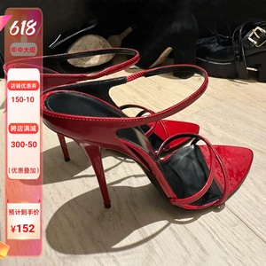红色漆皮高跟鞋女2023新款尖头细跟一字带凉鞋性感交叉绑带凉拖鞋