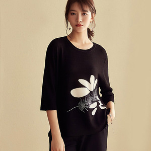 2018千日红秋季新款七分袖针织衫上衣大码休闲套头女装宽松打底衫