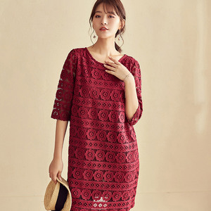 2019夏季千日红新五分袖红色蕾丝镂空连衣裙女中长款气质时尚裙子