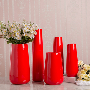 红色陶瓷花瓶三件套 结婚喜庆装饰 家居玄关客厅中国红风水瓶子