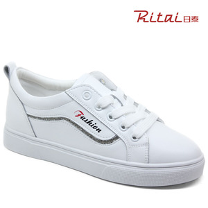 日泰女鞋2020春新款真皮圆头平底运动休闲鞋全牛皮镶钻小白鞋女