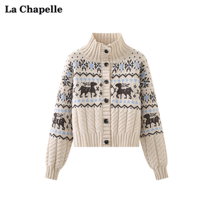 拉夏贝尔/La Chapelle复古高领圣诞鹿提花针织开衫女宽松毛衣外套