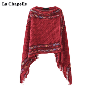 拉夏贝尔/La Chapelle编织针织套头菱格斗篷女流苏民族风围巾披肩