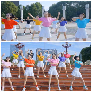 青春活力舞蹈表演出服成人女团彩色短袖套装开场舞啦啦操服装运动
