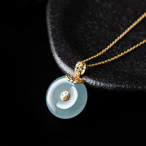 一元拍卖 高档天然a货翡翠蓝水平安扣吊坠冰种玉石18k镶嵌挂件