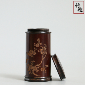 老煤竹小号茶叶罐茶仓黑檀木螺纹口雕刻便携茶叶罐把件竹迹茶具