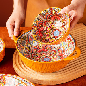 波西米亚陶瓷碗复古盘子菜盘家用餐具双耳碗汤碗泡面碗米饭碗汤盆