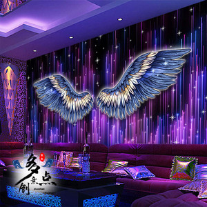 KTV酒吧包厢装饰壁纸壁画天使翅膀墙纸星空背景墙3d炫彩发光墙布